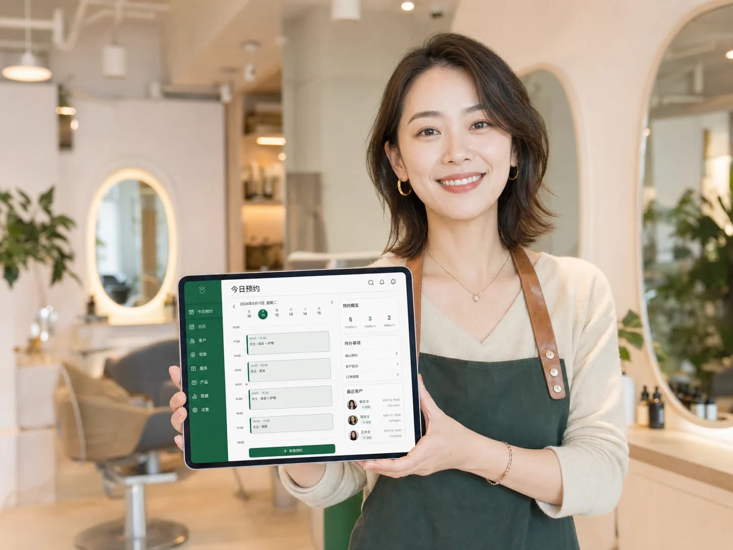 一位轻松自信的商家使用平板电脑查看中文预约管理系统