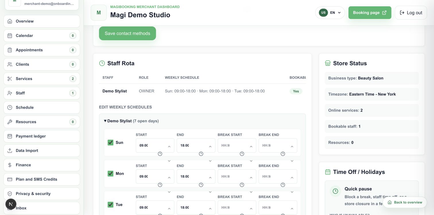 Set up staff and hours